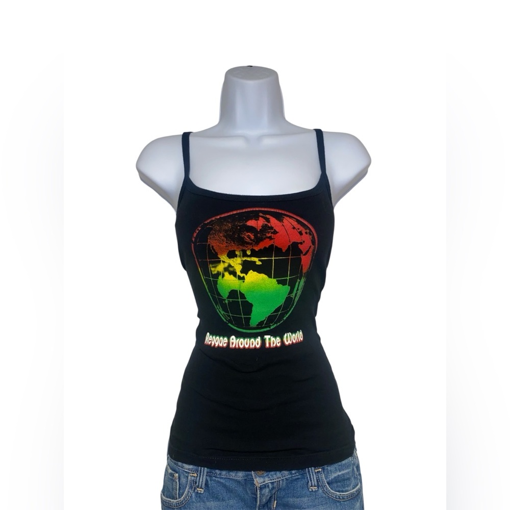 Y2k black tank top with "Reggae Around The World" print and world map graphic